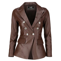 Womens Kim Kardashian Double Breasted Brown Leather Blazer