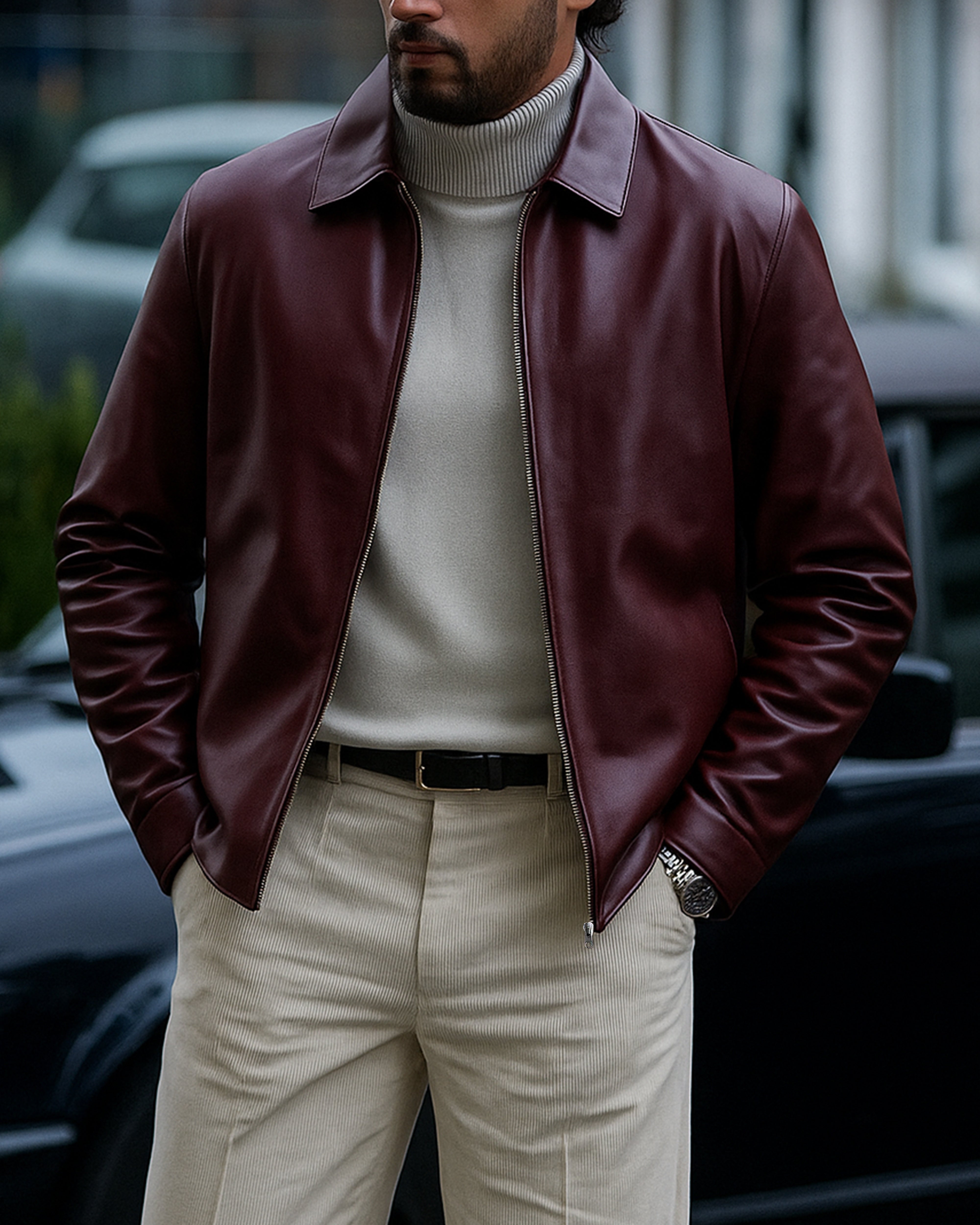 Harrington Burgundy Mens Leather Jacket-Limited Edition