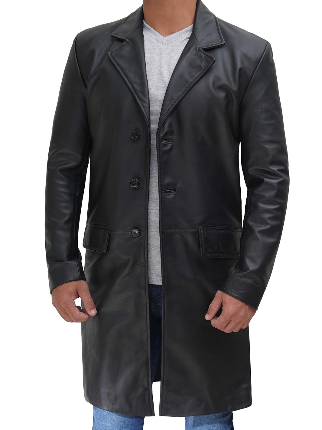 Mens Classic Black Cowhide Leather Trench Coat