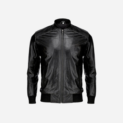 Mens Bomber Style Genuine Black Leather Motorcycle Jacket