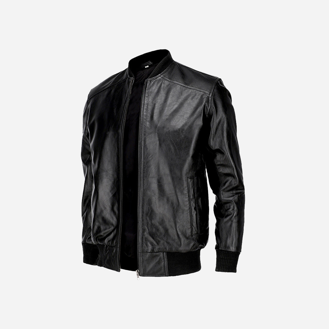 Mens Bomber Style Genuine Black Leather Motorcycle Jacket