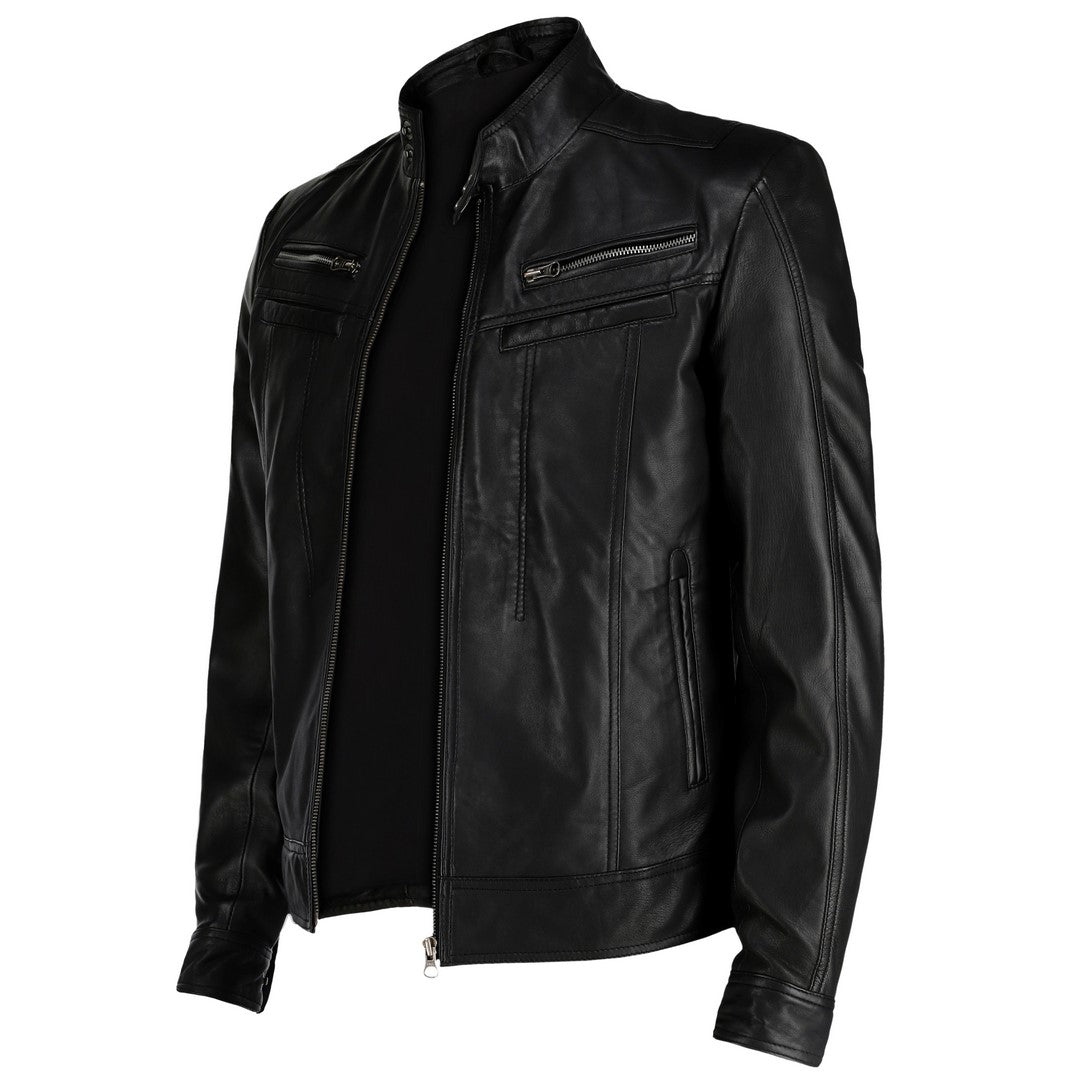 Men's Snap Button Collar Black Leather Jacket