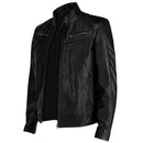 Mens Snap Button Collar Black Leather Jacket