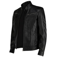 Mens Snap Button Collar Black Leather Jacket