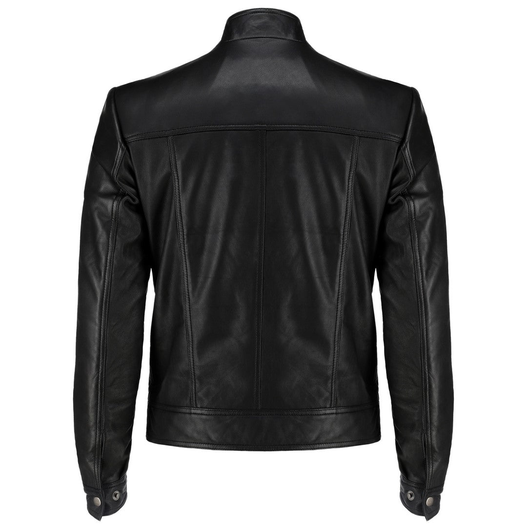 Mens Snap Button Collar Black Leather Jacket