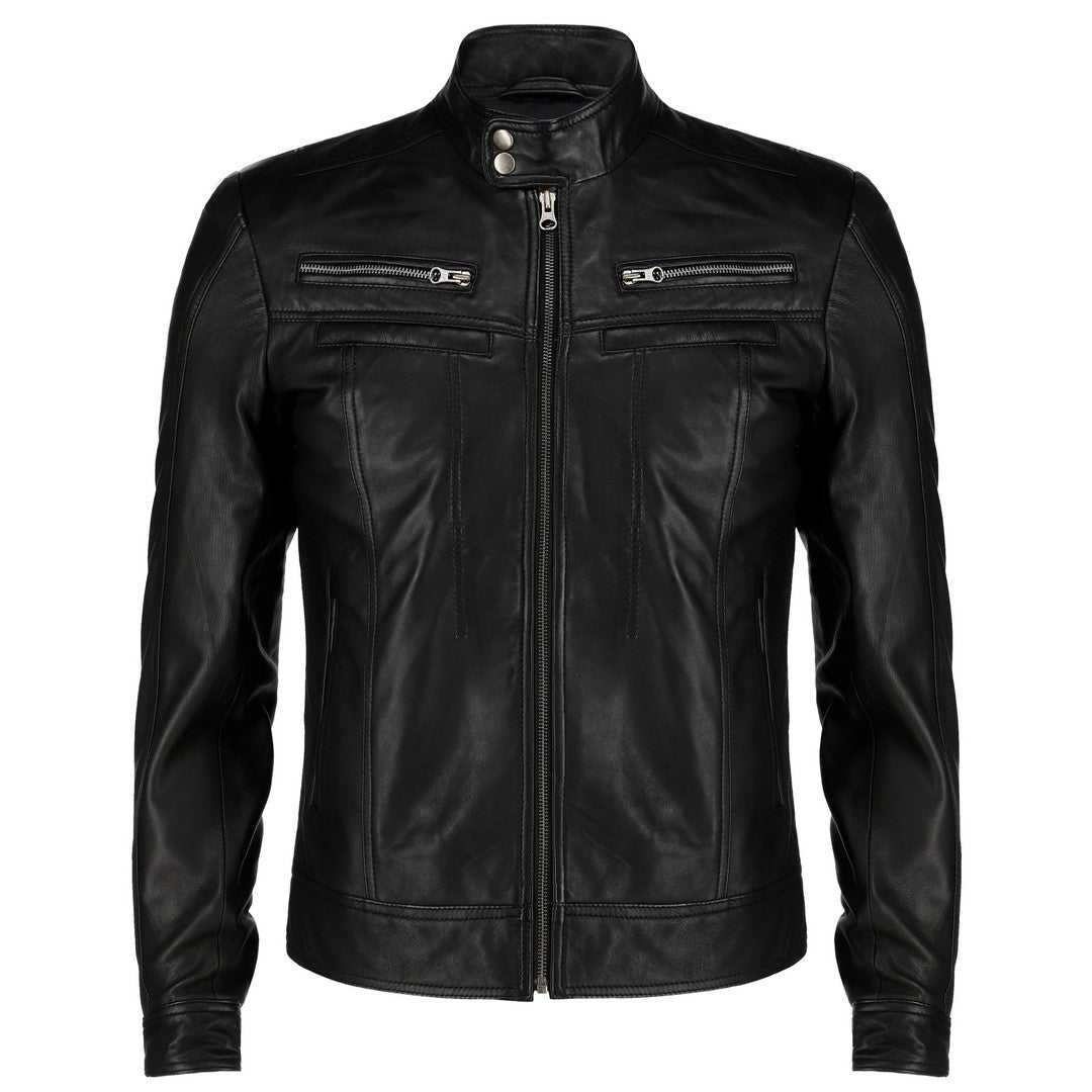 Men's Snap Button Collar Black Leather Jacket