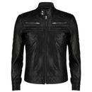 Mens Snap Button Collar Black Leather Jacket