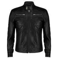 Mens Snap Button Collar Black Leather Jacket