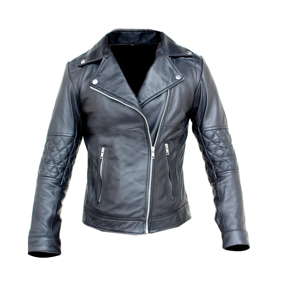 Women's Zip-Up Real Black Leather Quilted Diamond Motorcycle Jacket