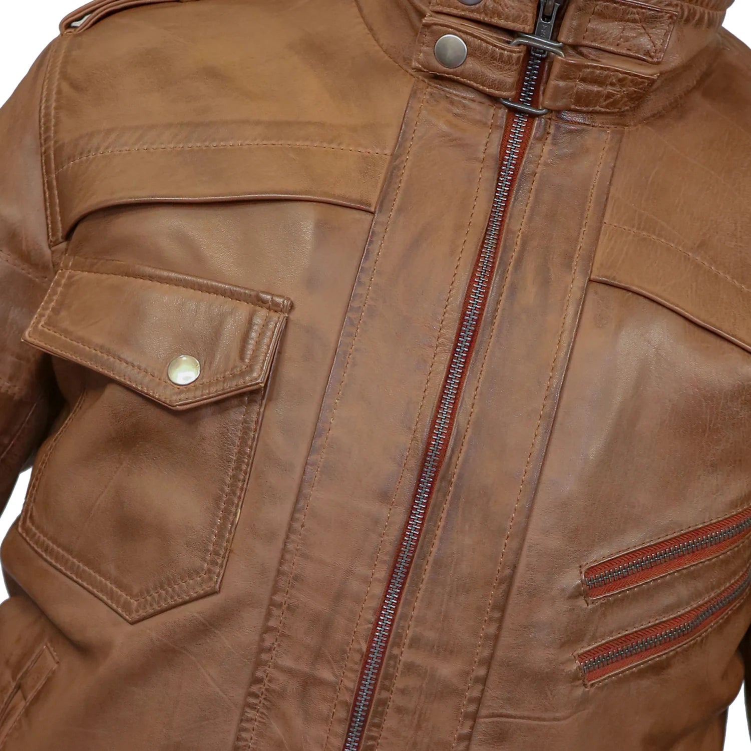 Men's Hooded Tan Wax Leather Bomber Jacket