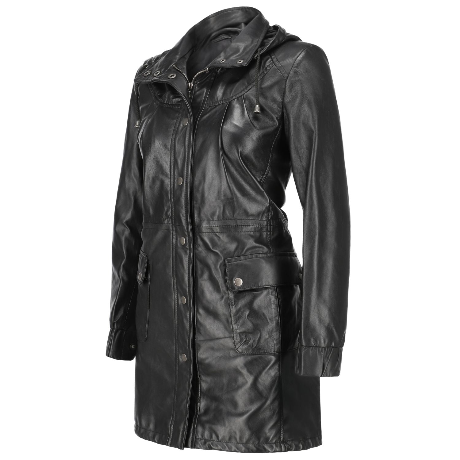 Women's Real Black Leather Trench Coat with Removable Hood