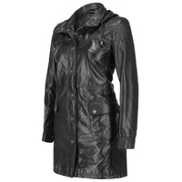 Womens Real Black Leather Trench Coat With Removable Hood