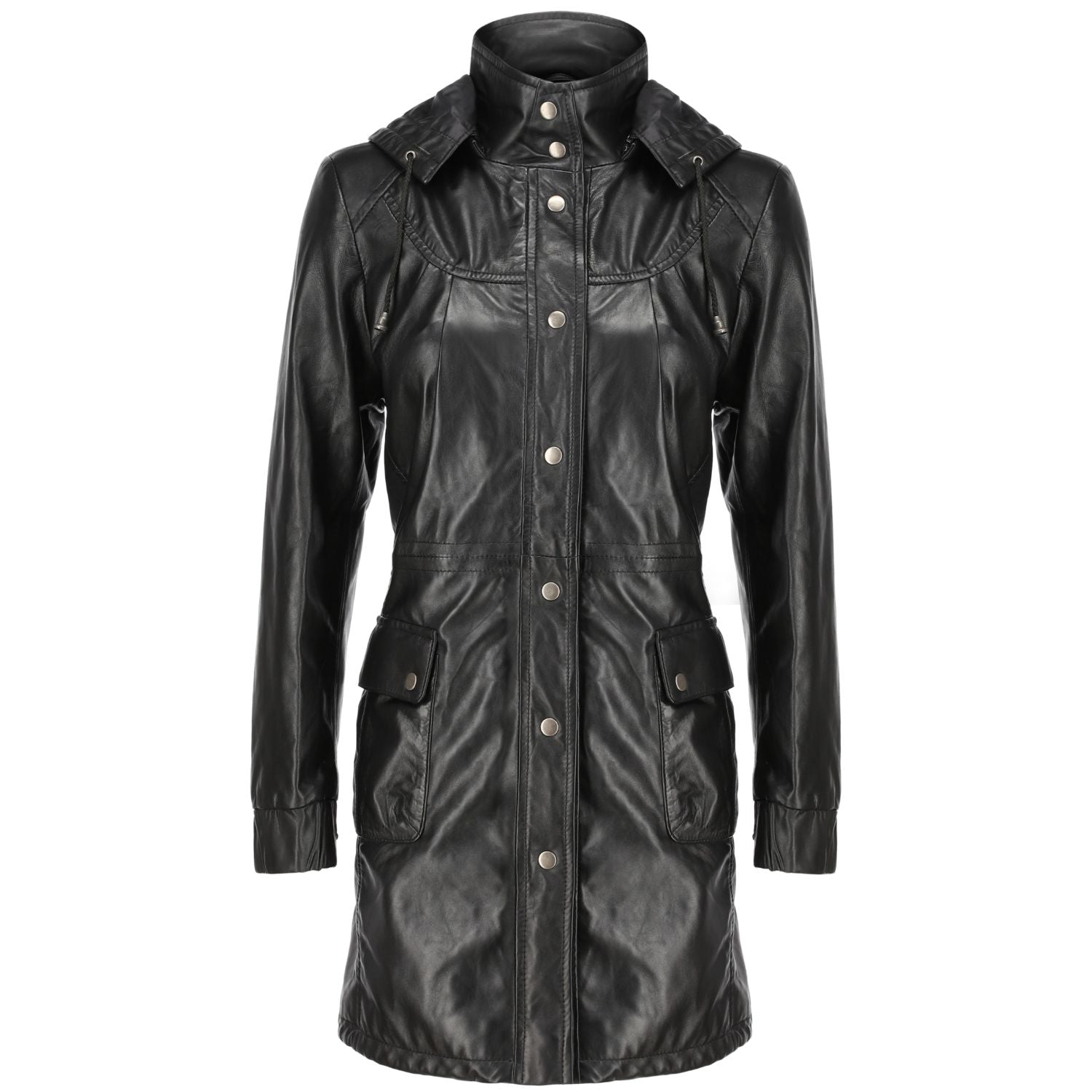 Womens Real Black Leather Trench Coat With Removable Hood
