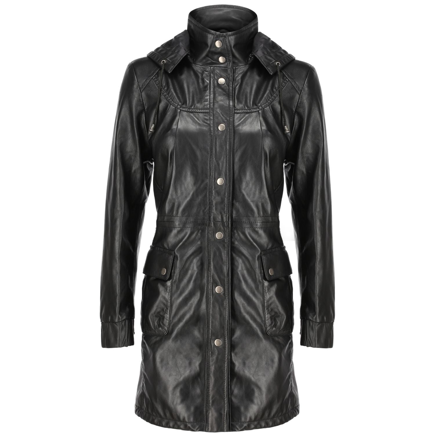 Women's Real Black Leather Trench Coat with Removable Hood