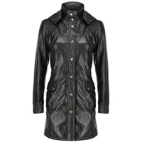 Womens Real Black Leather Trench Coat With Removable Hood