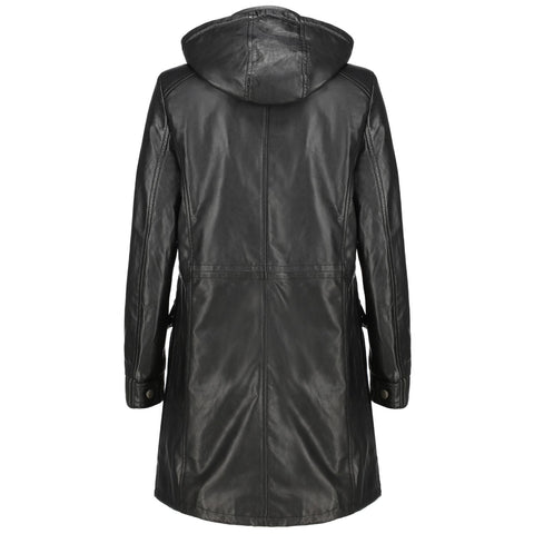 Womens Real Black Leather Trench Coat With Removable Hood