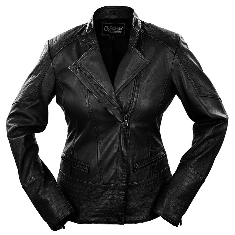 Womens Black Biker Leather Jacket With Zipper Sleeves