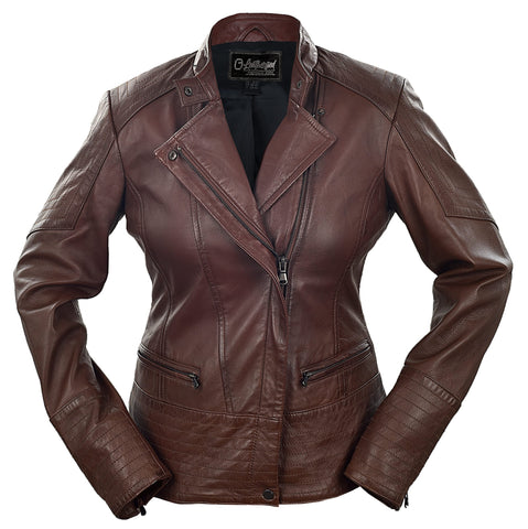 Womens Brown Biker Leather Jacket With Zipper Sleeves