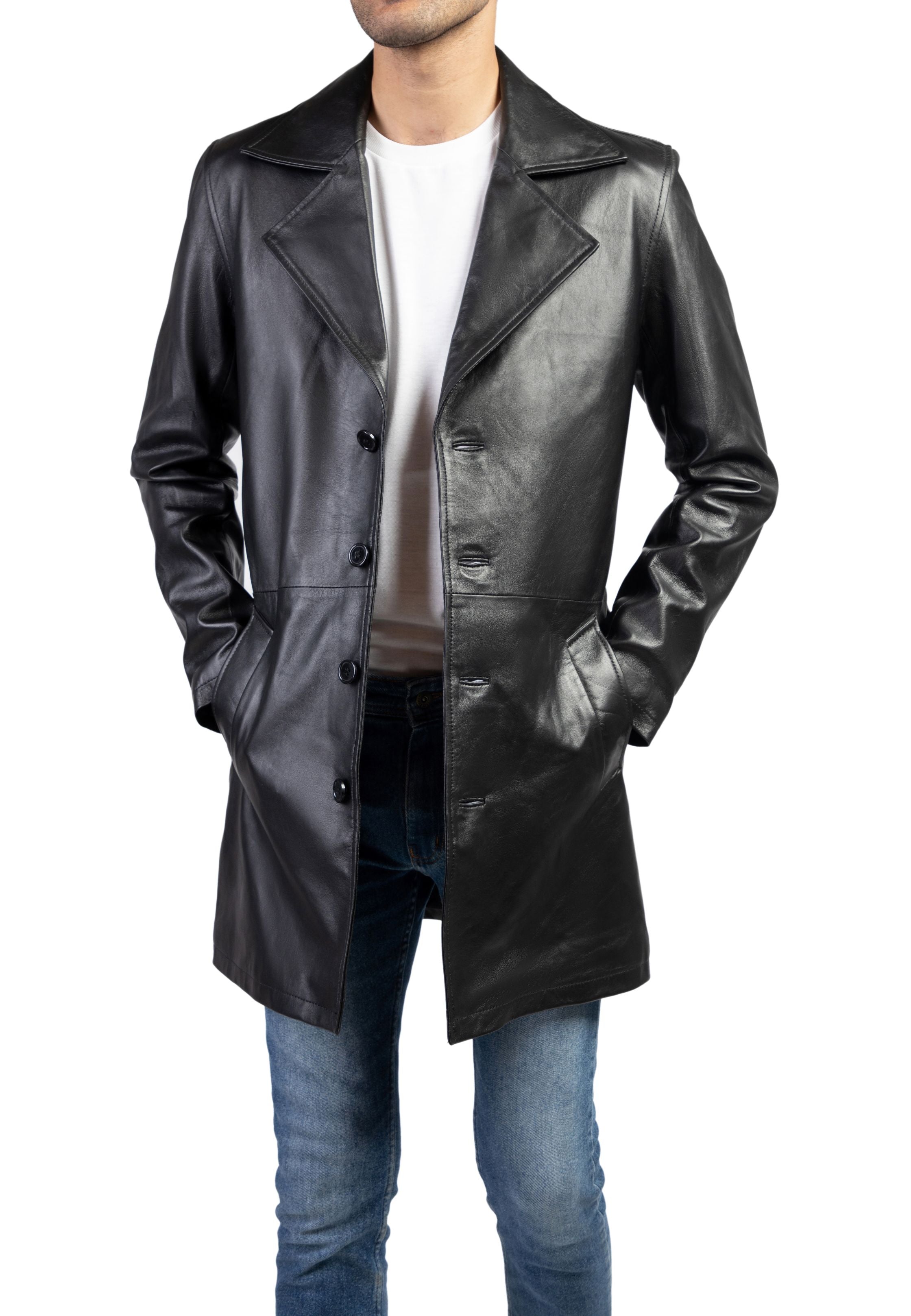 Leather Jacket Men Jild Men's 3/4 Length Lambskin Leather Trench