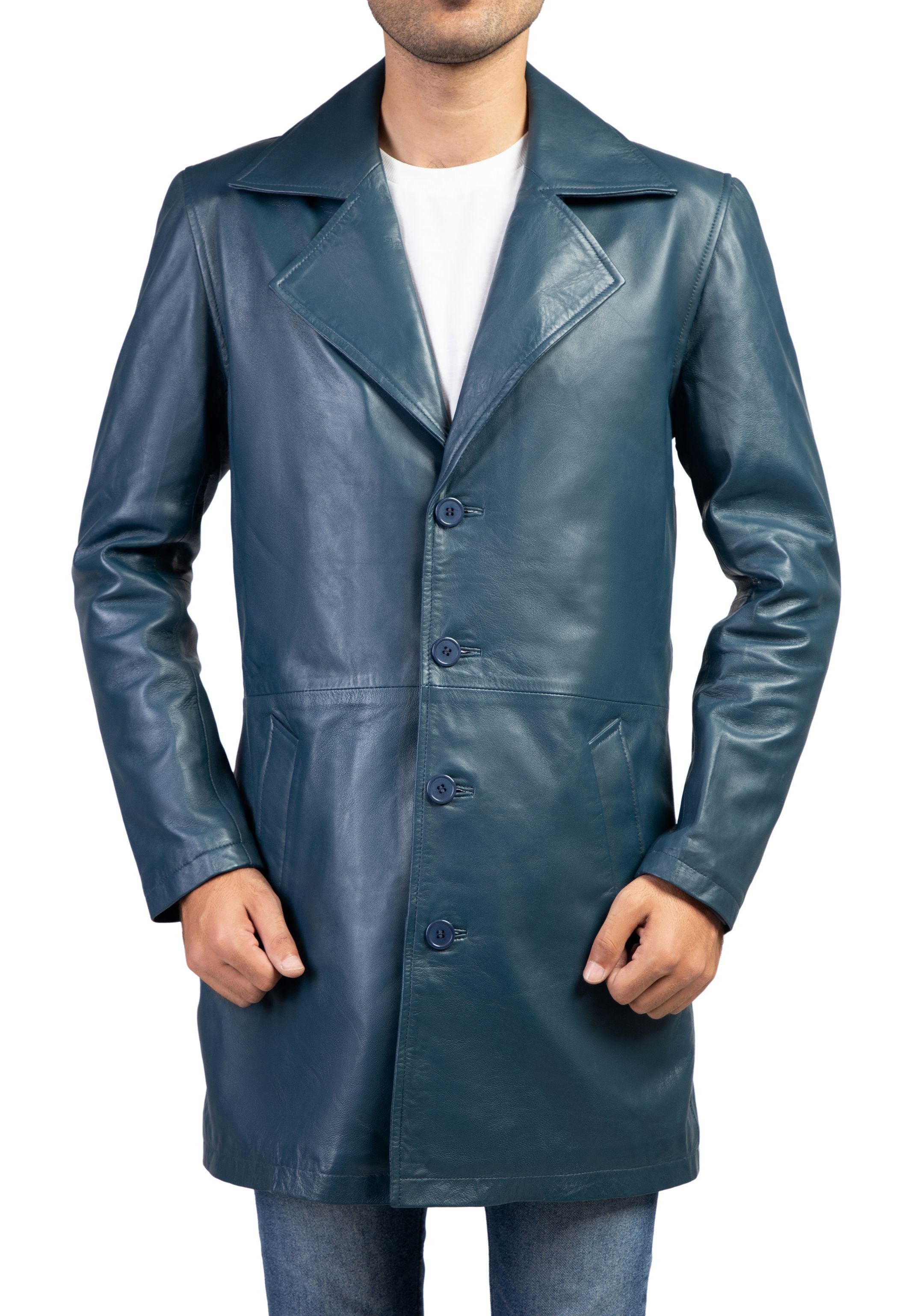 Jild Men's Classic Real Leather Trench Coat