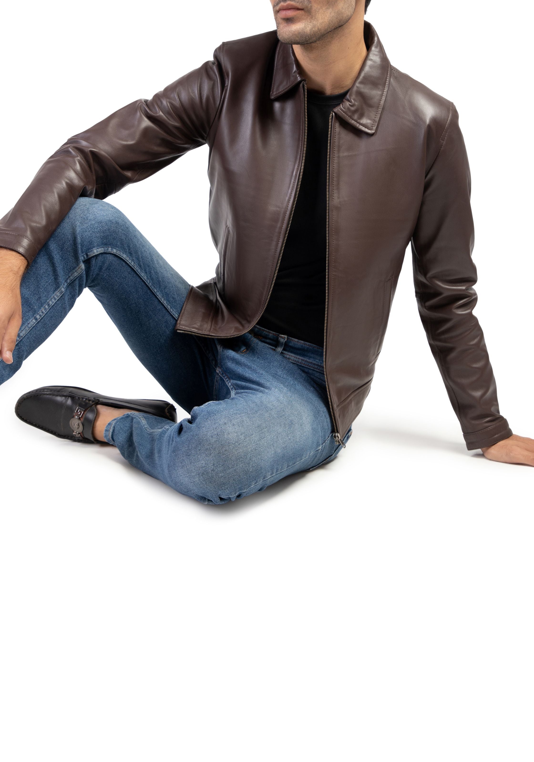 Men’s Classic Leather Harrington Collar Jacket

