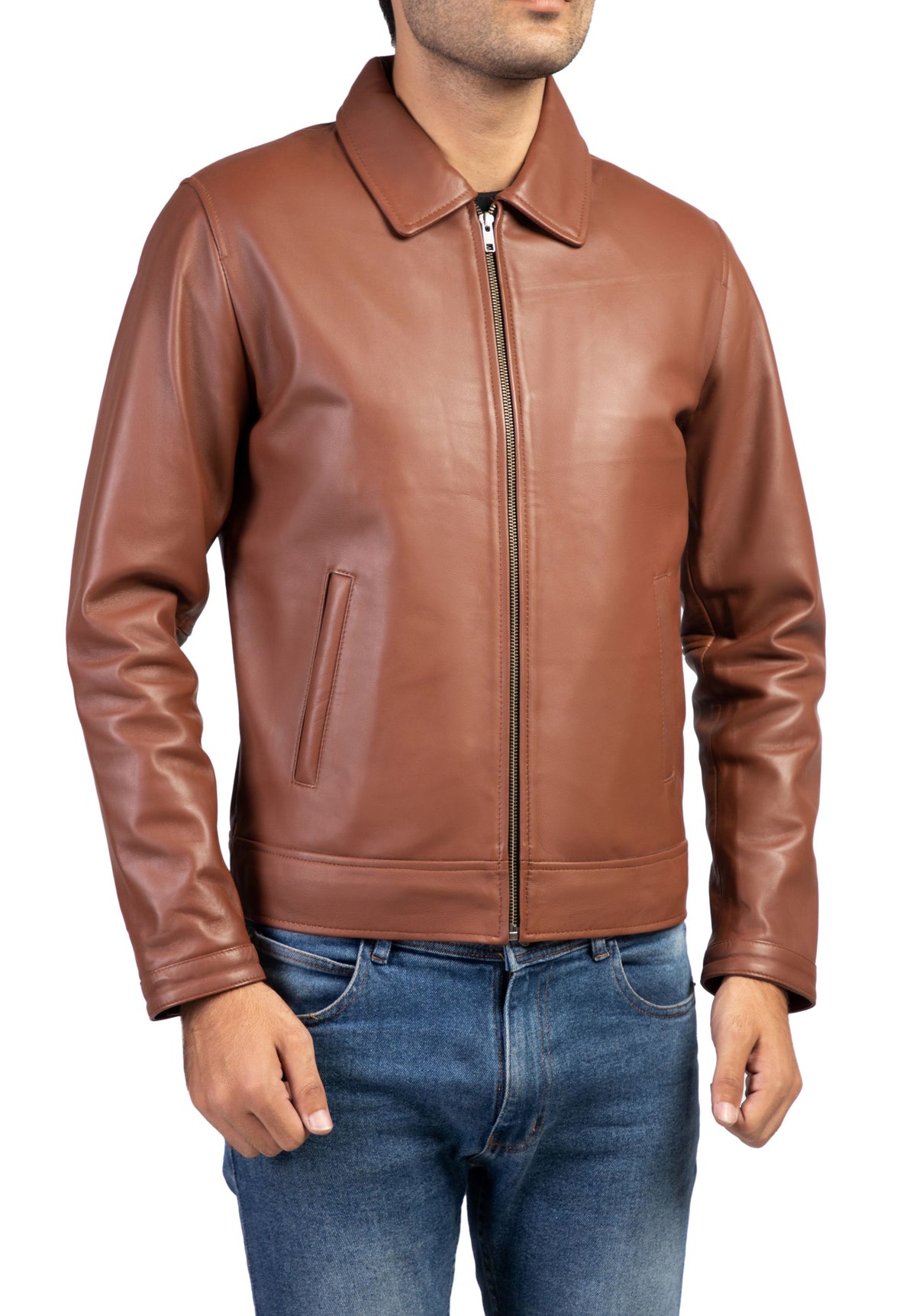 Premium Men's Leather Jacket with Harrington Collar

