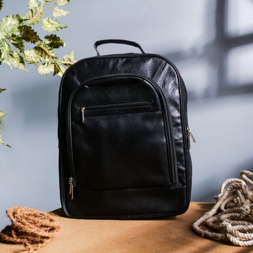 Trio Black Leather Backpack