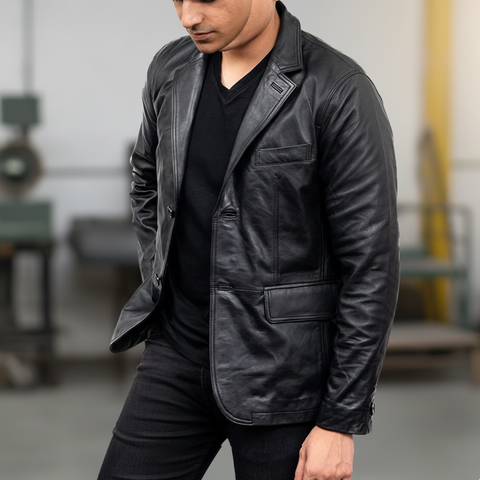 Men's 2-Buttons Lambskin Black Leather Blazer