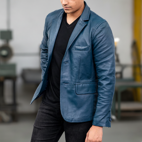 Men's 2-Buttons Lambskin Blue Leather Blazer