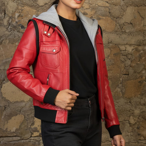 Women's Hooded Red Leather Jacket