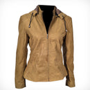 Womens Classy Fit Yellow Hooded Leather Jacket