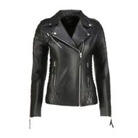Womens Quilted Sleeves Black Leather Biker Jacket