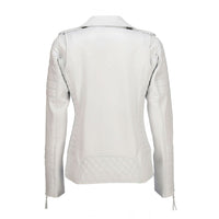 Womens Quilted Sleeves White Leather Biker Jacket