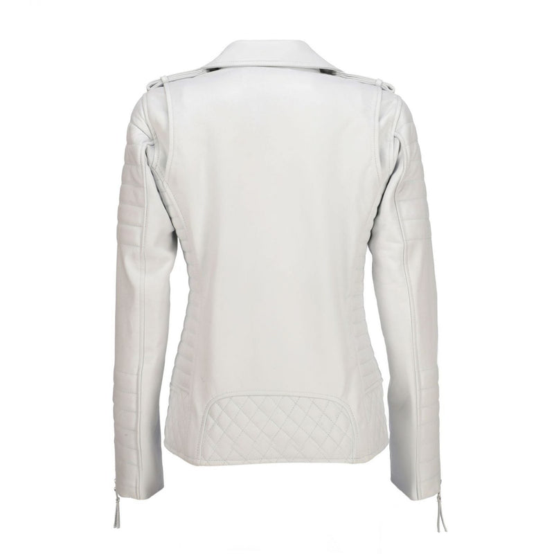 Women's Quilted Sleeves White Leather Biker Jacket