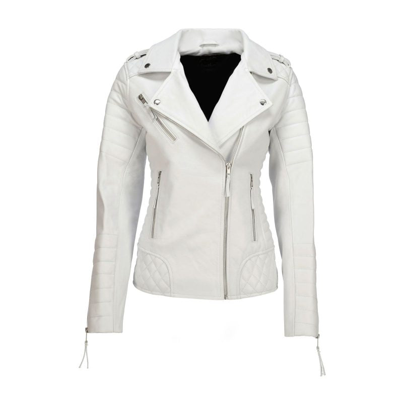 Womens Quilted Sleeves White Leather Biker Jacket