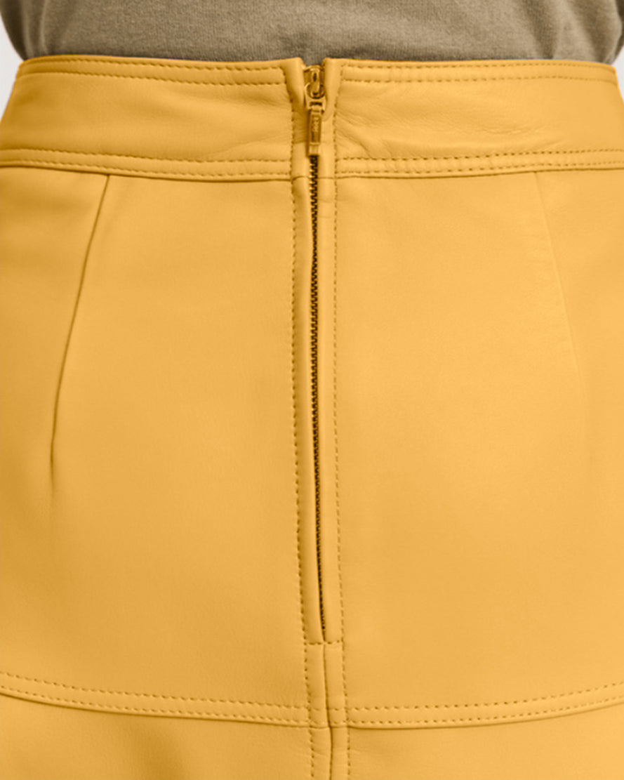 Mustard yellow lambskin leather skirt for stylish women

