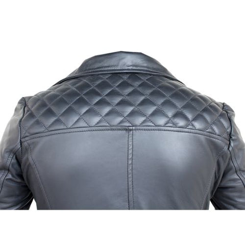 Womens Zip Up Real Black Leather Quilted Diamond Motorcycle Jacket