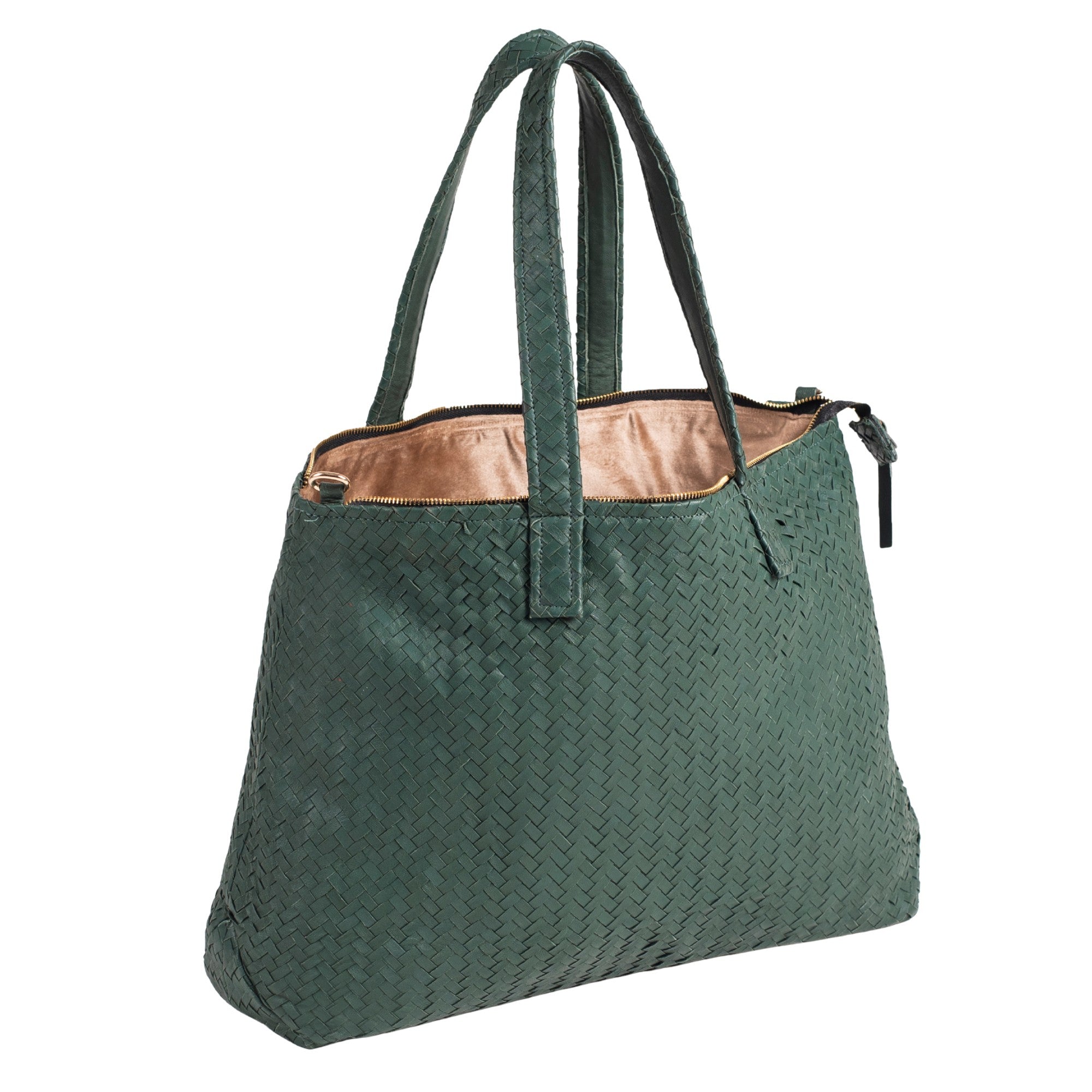 Handmade Woven Original Leather Bag With Zipper-Green
