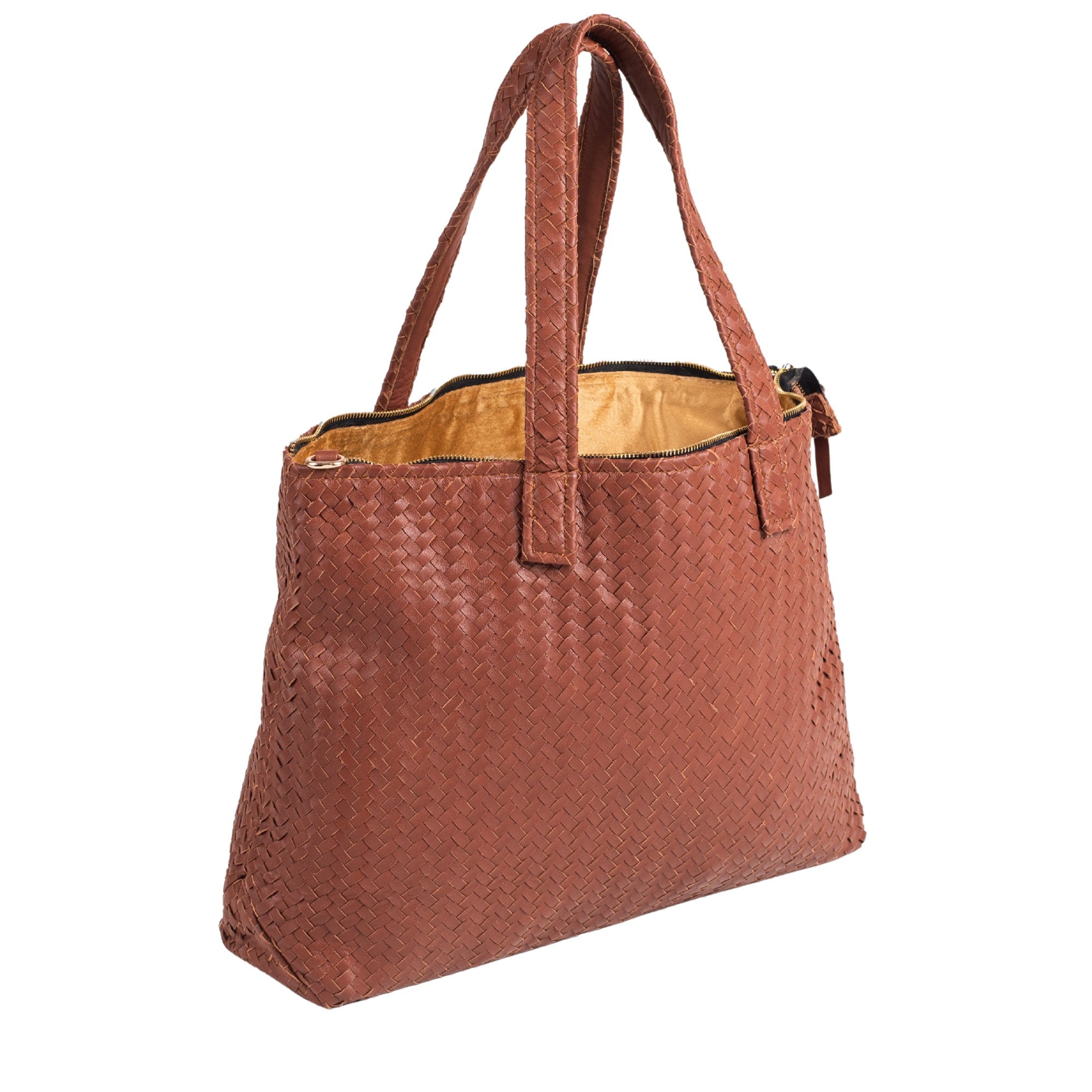 Handmade Woven Original Leather Bag With Zipper-Tan Brown