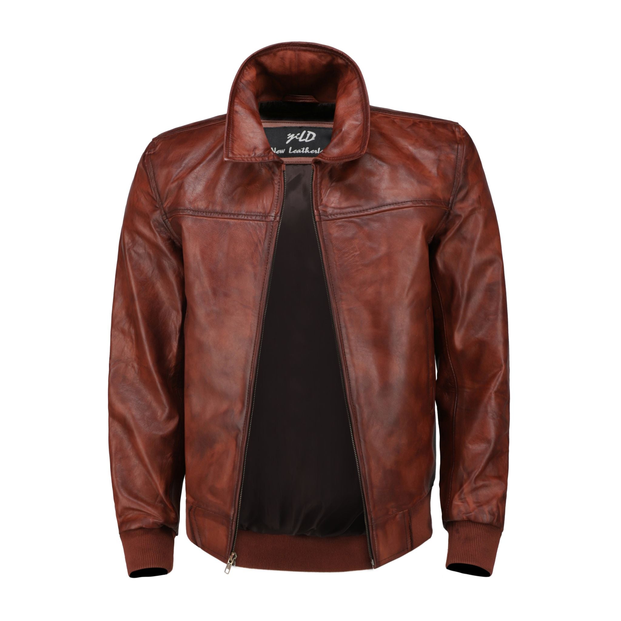 Men's Zipper Vintage Brown Bomber Polo Leather Jacket