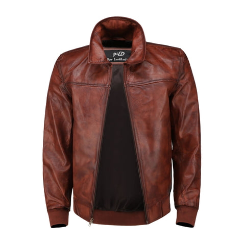 Mens Zipper Vintage Brown Bomber Polo Leather Jacket