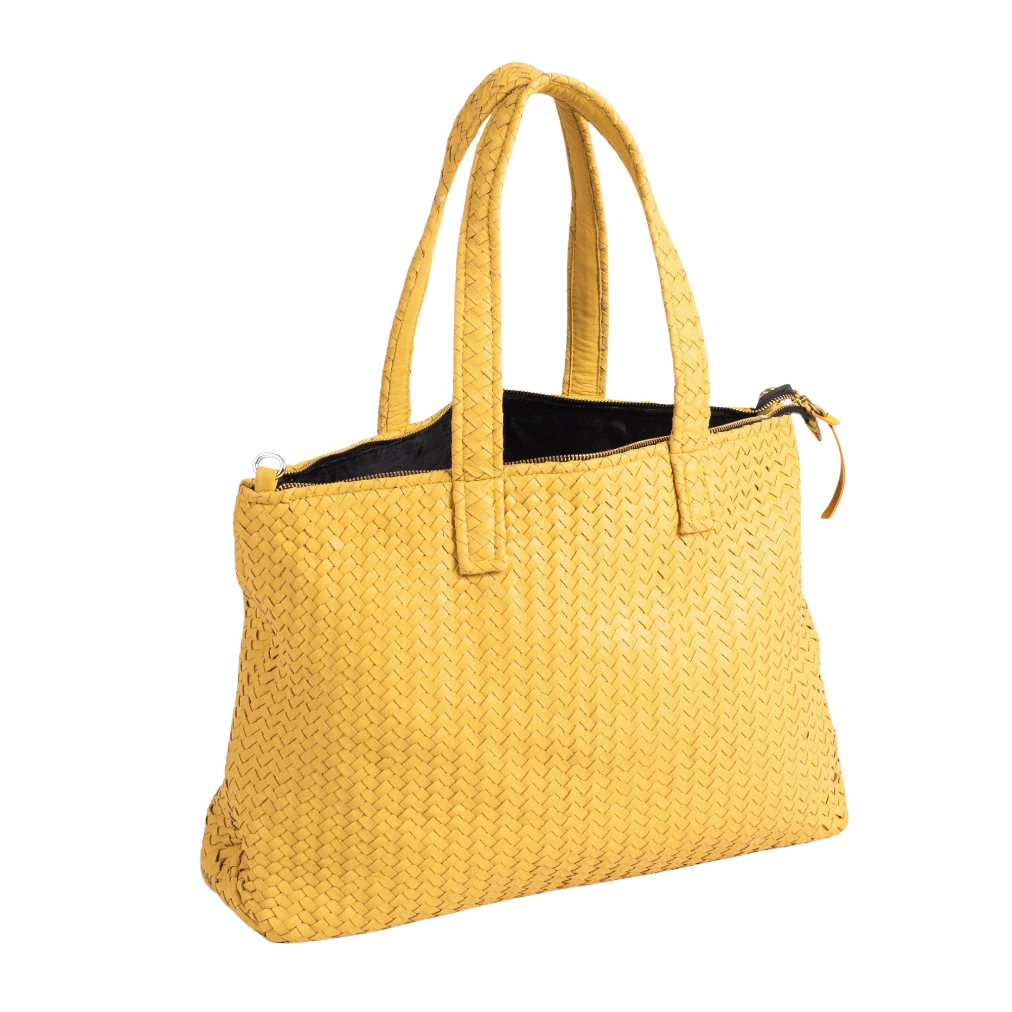 Handmade Woven Original Leather Bag With Zipper-Yellow
