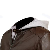 Mens Hooded Bomber Brown Leather Jacket