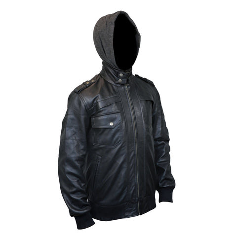 Mens Black Hooded Bomber Leather Jacket