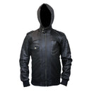 Mens Black Hooded Bomber Leather Jacket