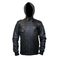 Mens Black Hooded Bomber Leather Jacket