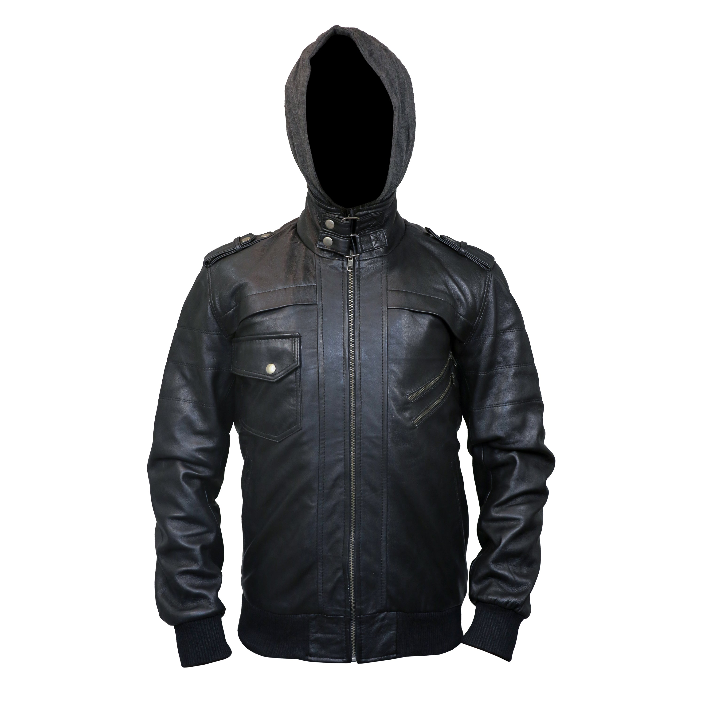 Mens Black Hooded Bomber Leather Jacket