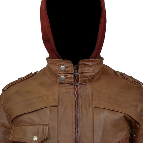 Mens Tan Wax Hooded Leather Bomber Jacket