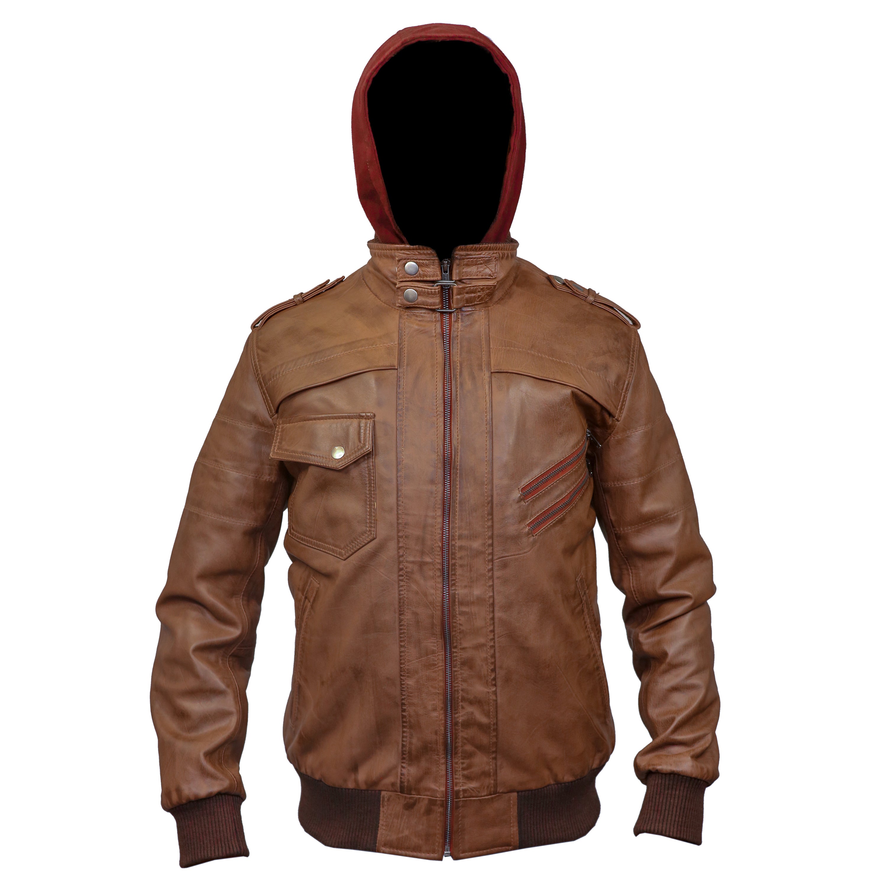 Mens Tan Wax Hooded Leather Bomber Jacket