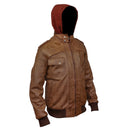 Mens Tan Wax Hooded Leather Bomber Jacket